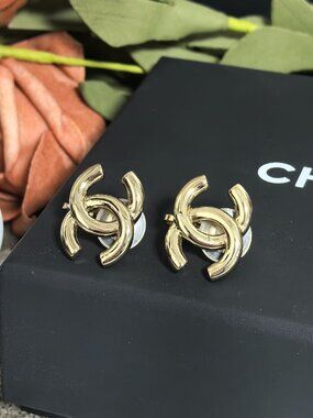 Chanel Gold Tone CC Logo Stud Earrings